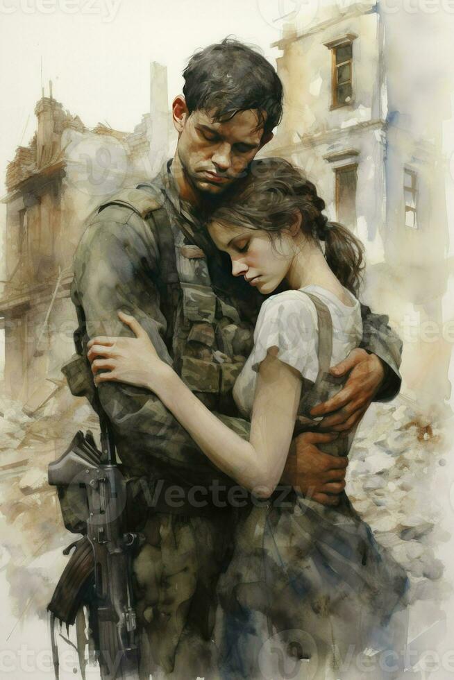 AI generated Emotional soldier saying his goodbye to his beloved before going to war. Patriotic serviceman embracing before leaving to go serve his country in the military. Watercolor style photo