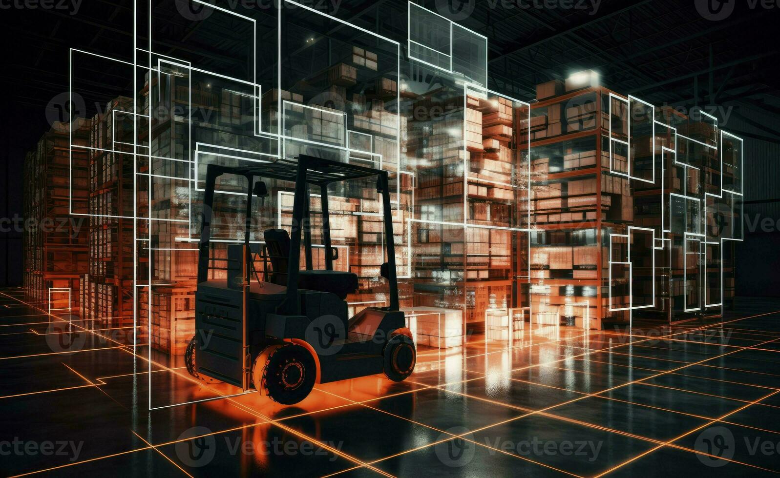 AI generated Digital warehouse. automatic stock storage, modern distribution building, ecommerce warehouse, digital logistics, smart package hardware, AI delivery system, innovation in cargo, photo