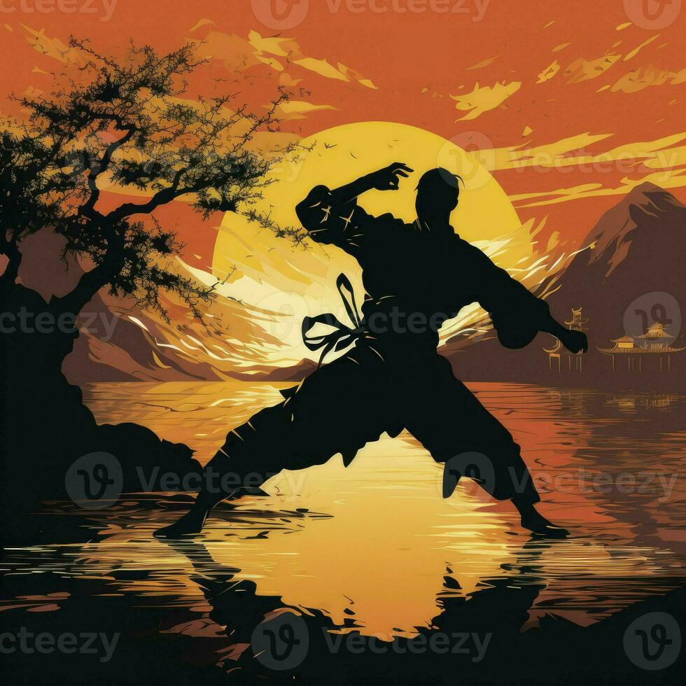 ai generado silueta de marcial letras kung fu hombre de pie. Shaolin Maestro ilustración. foto