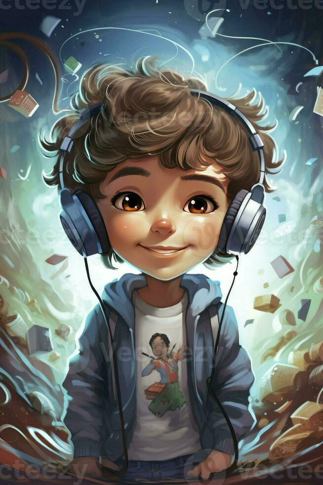 AI generated Teen boy in big headphones listening to music on mobile phone. Young man wearing hoodie, jeans and kids standing and tapping smartphone. Flat style character illustration photo