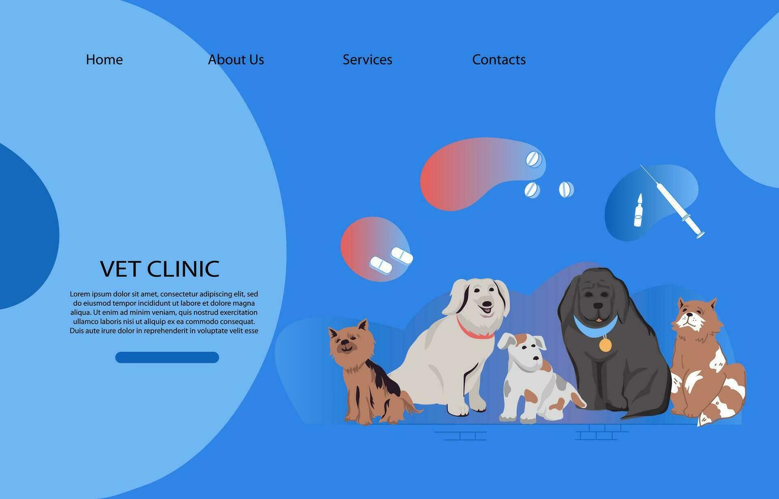 veterinario clínica sitio web bandera modelo con perros y gatos dibujos animados caracteres, plano vector ilustración. veterinario médico animales salud cuidado servicios publicidad página web Bosquejo con gracioso mascotas.