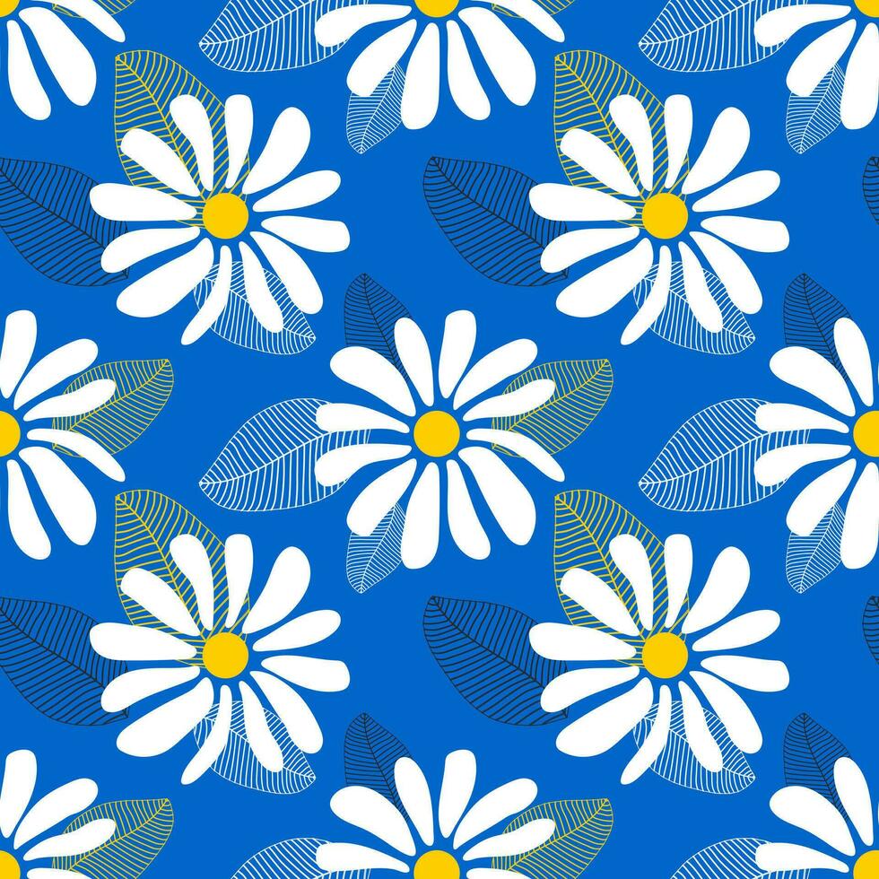 Wild chamomile flowers. Seamless summer pattern with large white flowers on a blue background. For printing on modern fabrics. Vector. vector