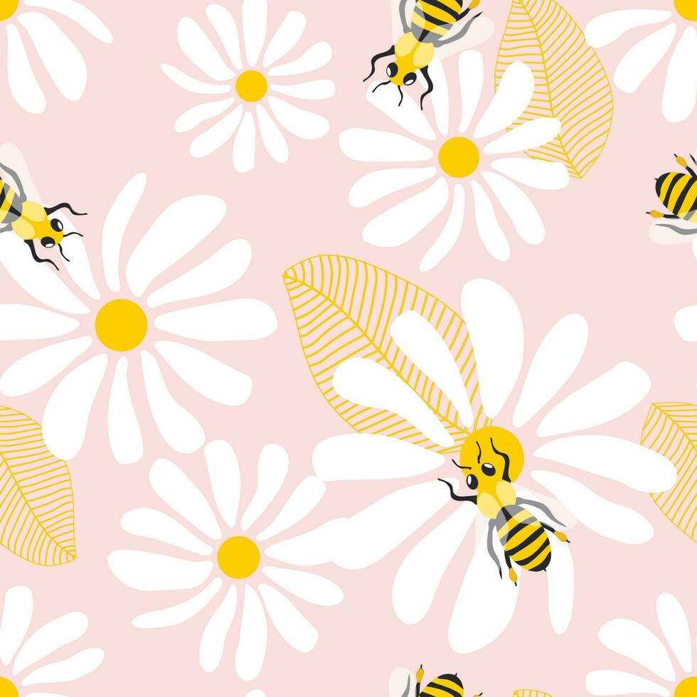 Wild chamomile flowers and honey bees. Seamless summer pattern with big white flowers and insects on a pink background. For printing on modern fabrics. Vector. vector