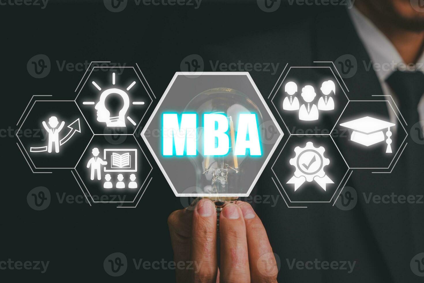 MBA, Master of business administration Education concept, Businessman hand holding lightbulb with Master of business administration Education icon on virtual screen. photo