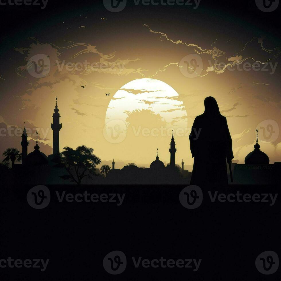 AI generated Arabic woman weared in traditional hijab on the sunset at a desert with city silhouette on the background. photo