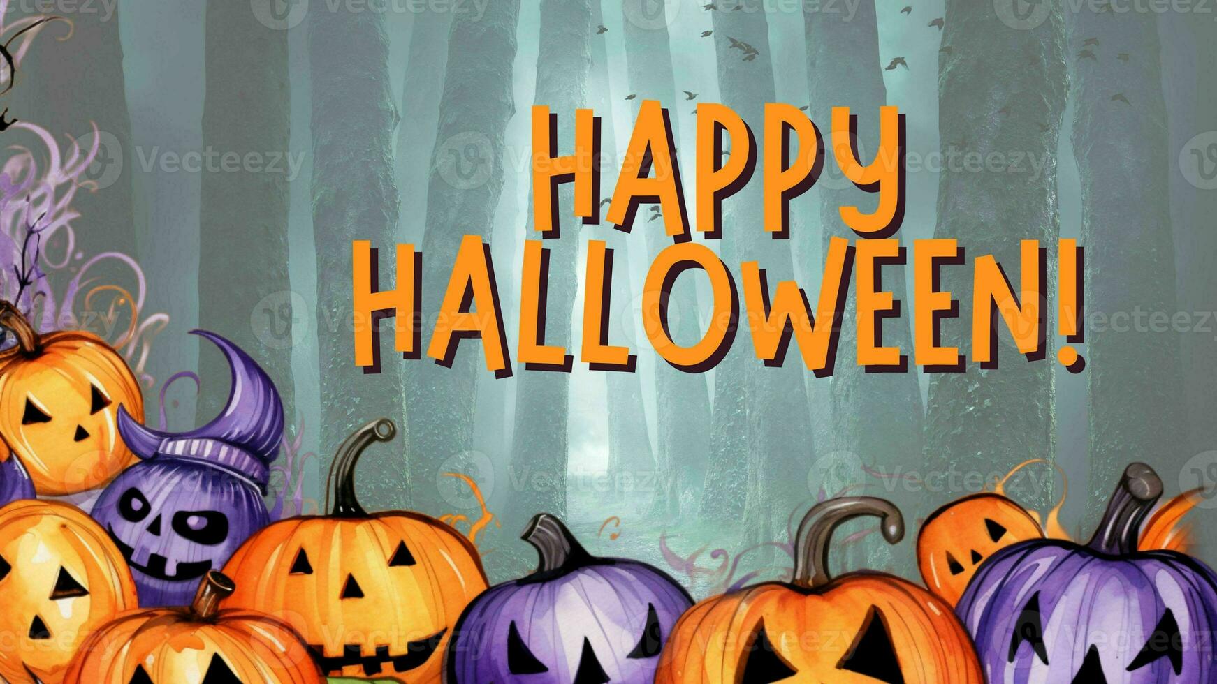 AI generated Halloween vector background design. Happy halloween trick or treat text with pumpkins element for spooky yard party celebration. Vector illustration. photo