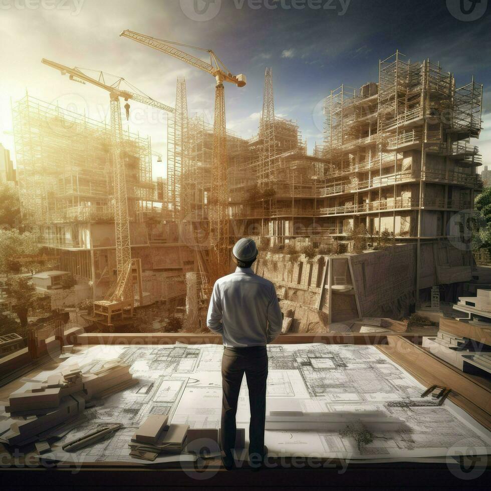 AI generated Smart civil architect engineer inspecting and working outdoors structure building site with blueprints. engineering and architecture concept. photo