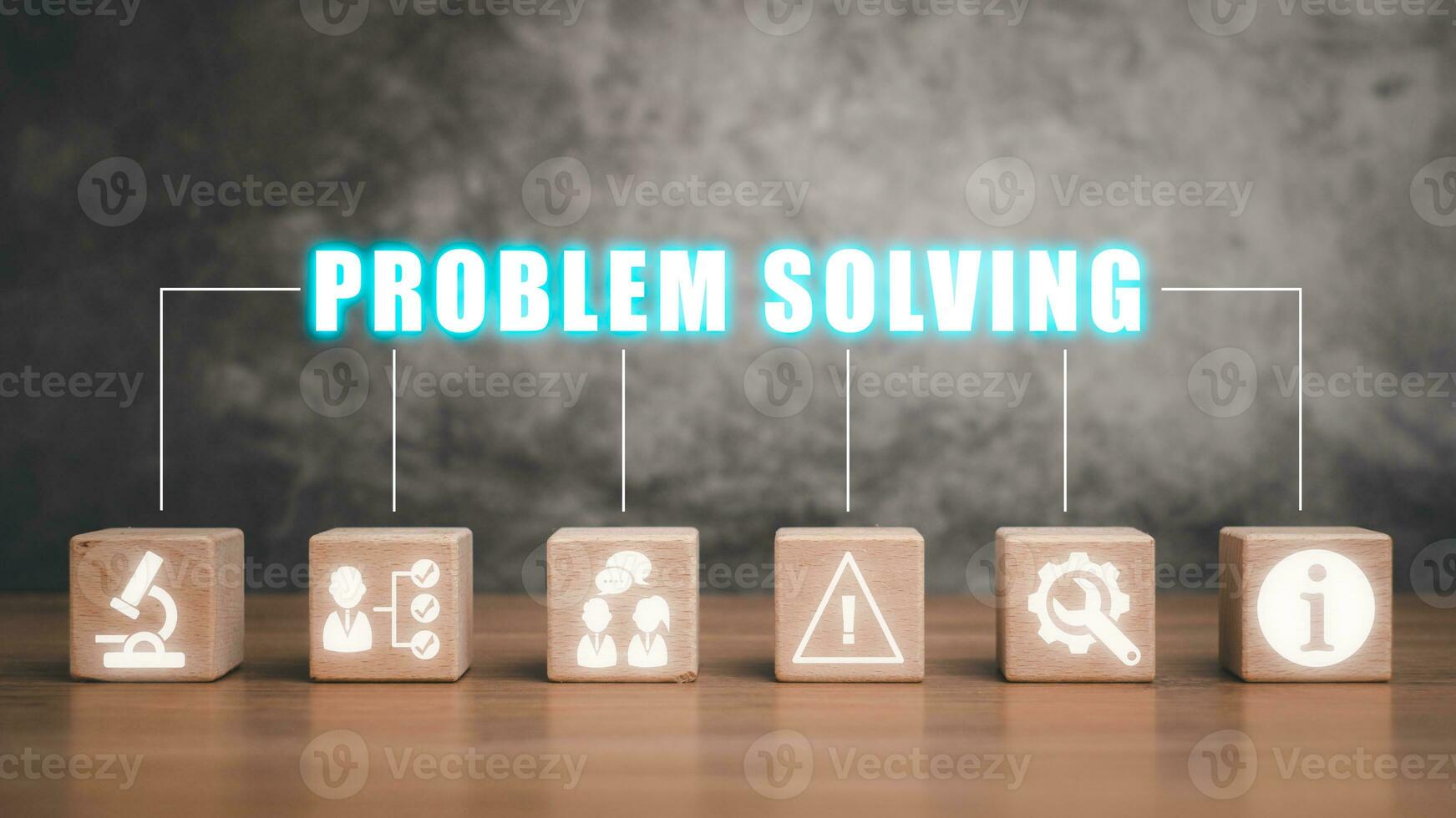Problem solving concept, Wooden block on desk with problem solving icon on virtual screen. photo