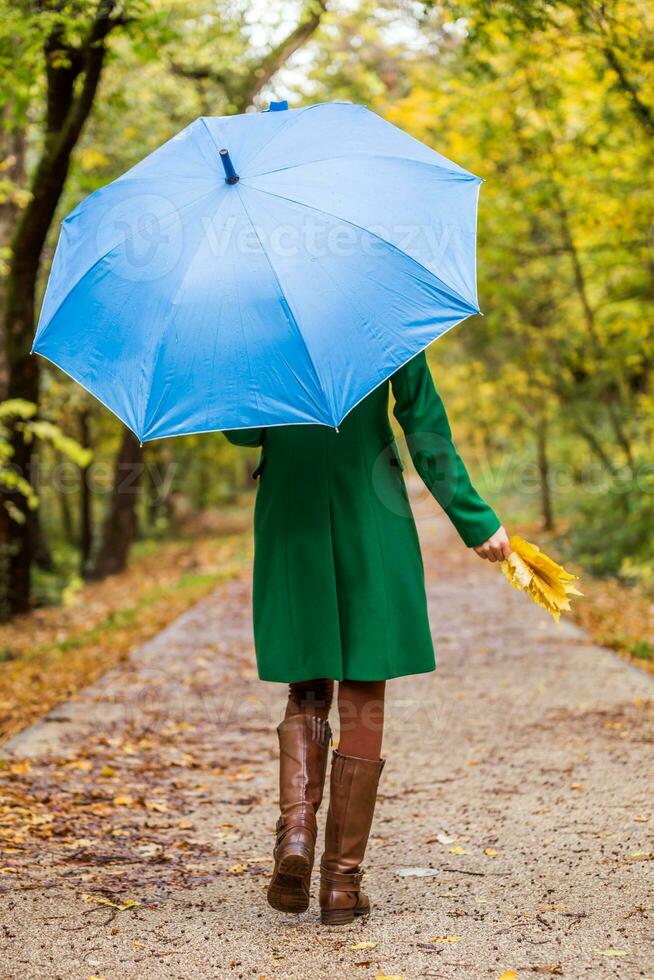 Woman holding umbrella and fall leaves while walking in the park. photo