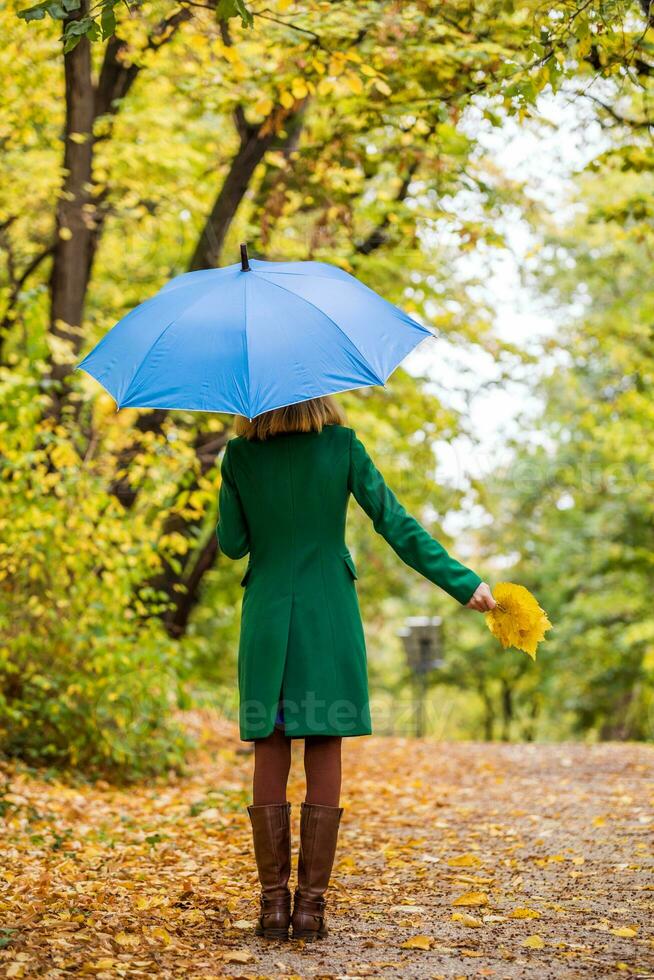 Woman holding umbrella and fall leaves while standing in the park. photo