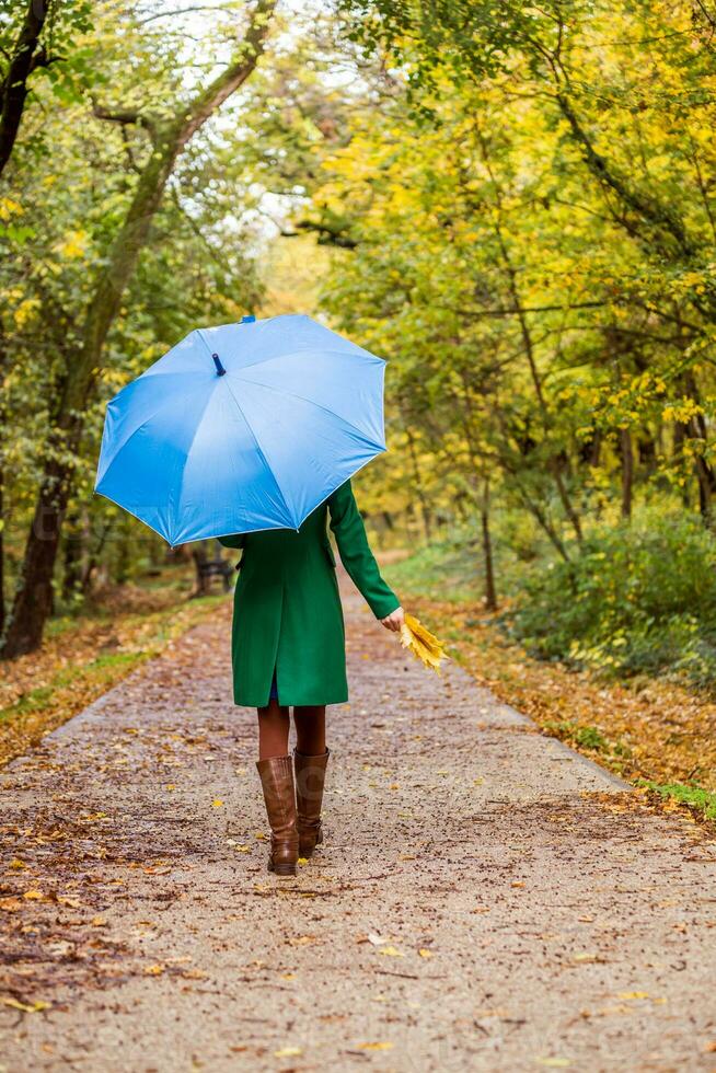 Woman holding umbrella and fall leaves while walking in the park. photo