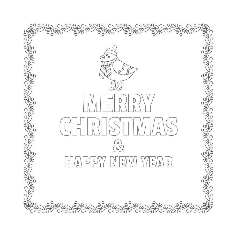 Christmas lettering, text and bird, frame with tree branch and yellow berries, leaves. vector