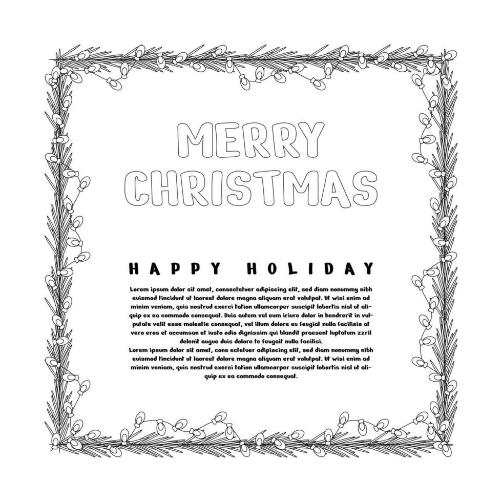 Christmas lettering, text and frame, garland with light bulbs, tree branch. vector