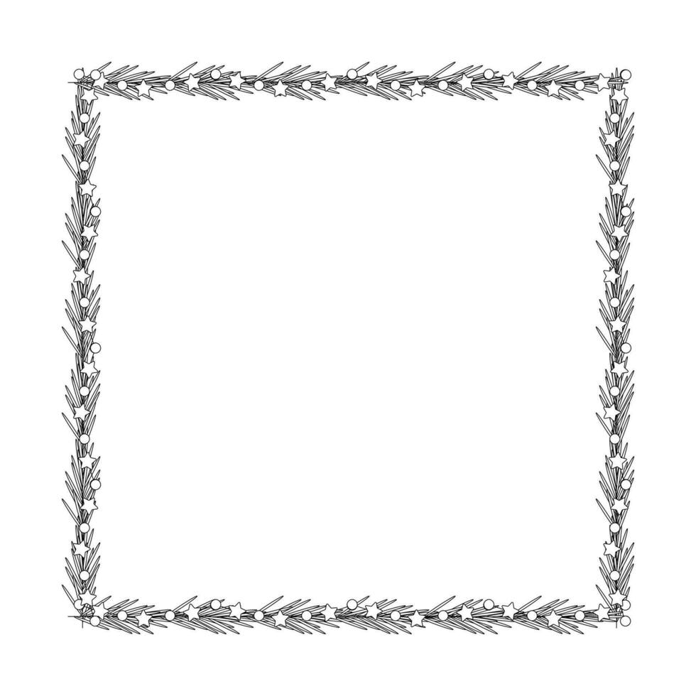 Christmas frame, garland with light bulbs, stars, tree branch. vector