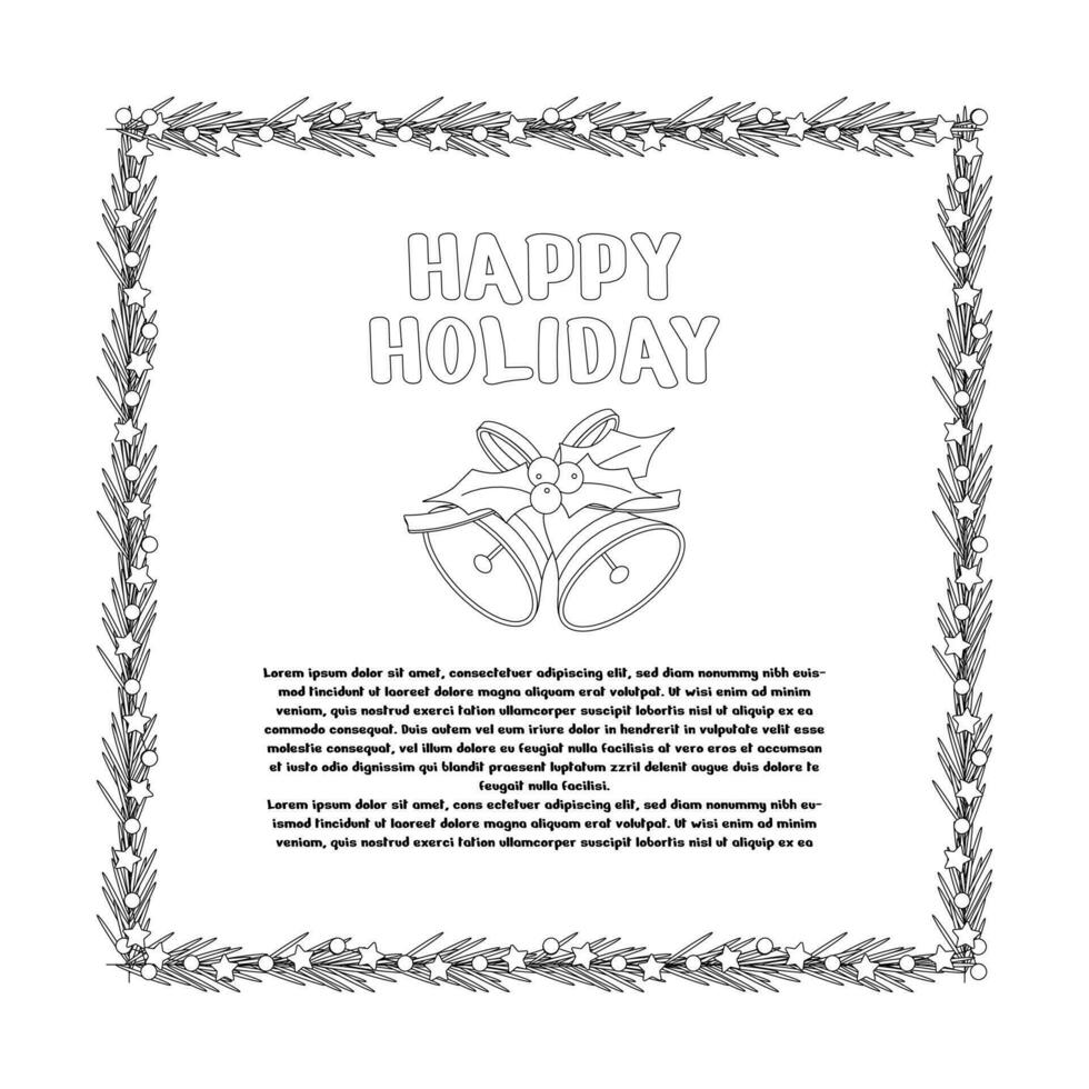 Christmas lettering, text happy holiday and bells, frame, garland with light bulbs, stars, tree branch. vector