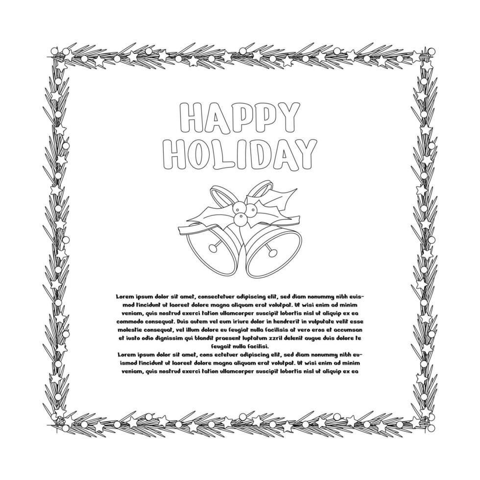 Christmas lettering, text happy holiday and bells, frame, garland with light bulbs, stars, tree branch. vector