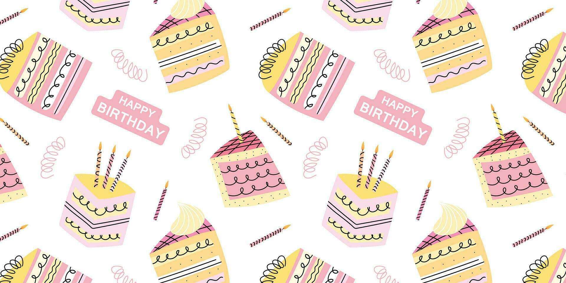 Seamless pattern pink pieces of cakes and candles on white background. Happy birthday pattern. Set of decorative slices of cakes. Vector design elements for postcards, stickers, label, logo and etc.