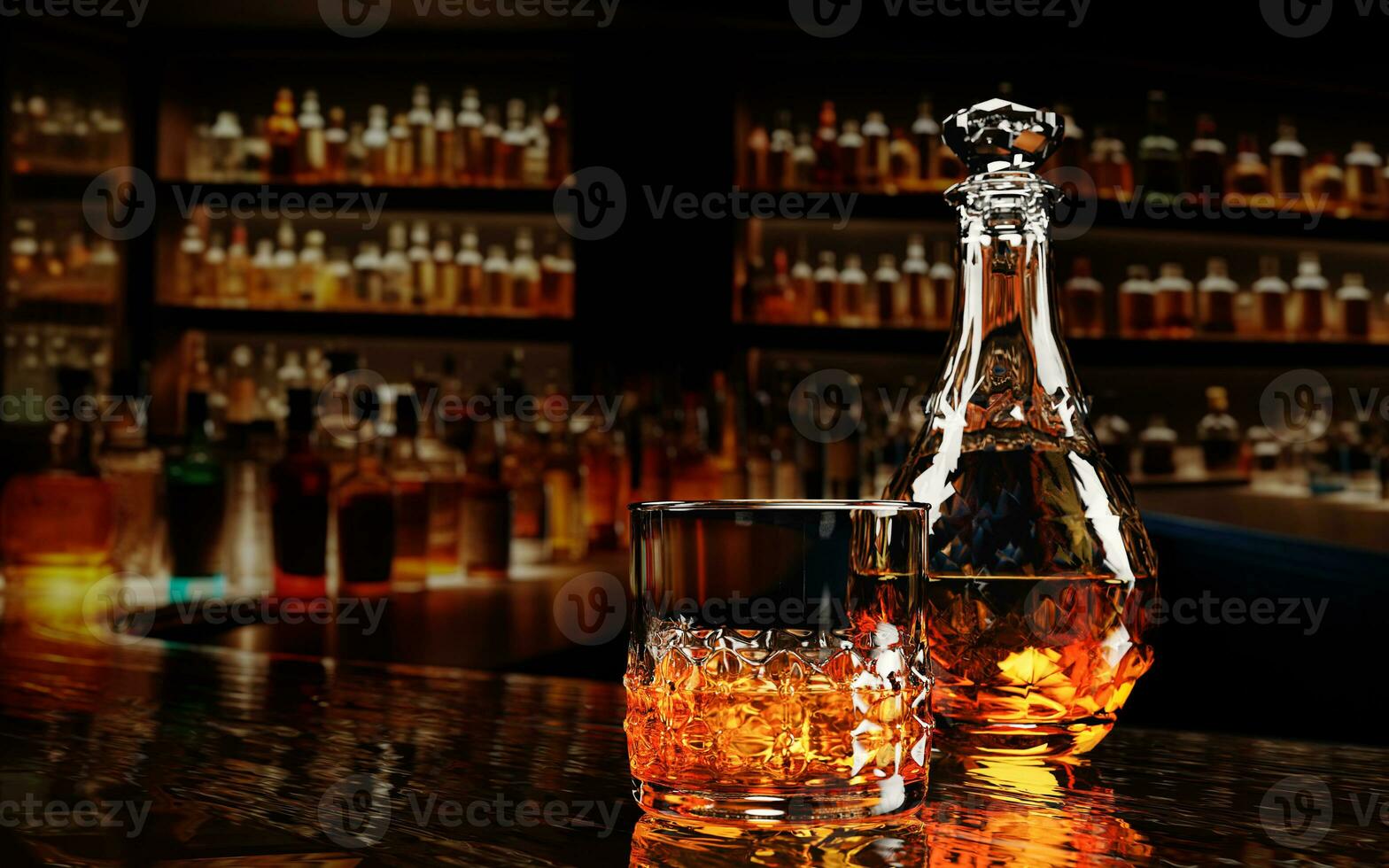 whisky o brandy, alcohólico bebidas en transparente elegante botella en bar. alcohol en claro vaso en de madera piso mesa. múltiple vino botellas difuminar antecedentes en bar mostrador restaurante 3d representación foto