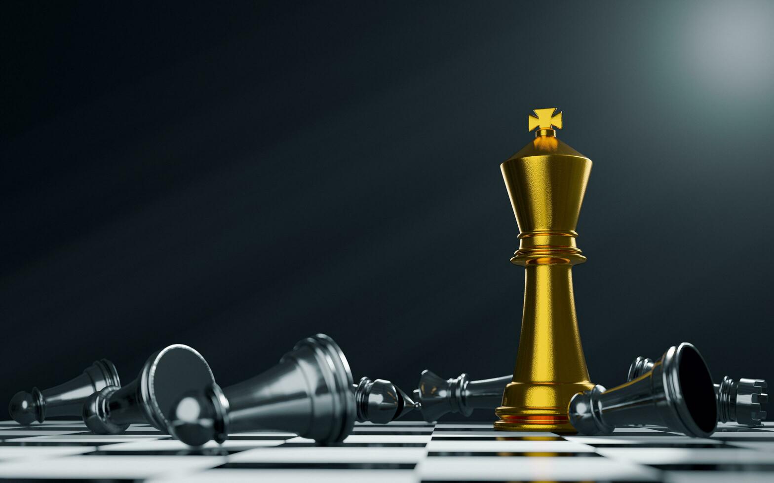 The golden King's chess piece stands as the last. with the opposite chess pieces falling on the chessboard. Concept of winning in business. 3d rendering photo