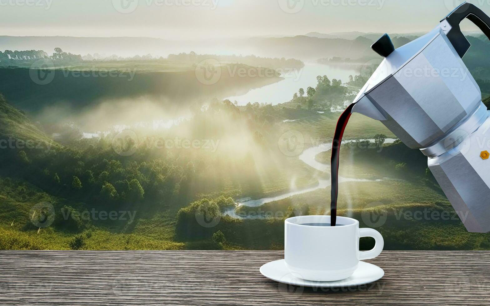 vierta café recién hecho o espresso de la cafetera moka en una taza de café con leche. café caliente en una taza colocada sobre la mesa o balcón de madera. vista a la montaña por la mañana, sol por la mañana. representación 3d foto