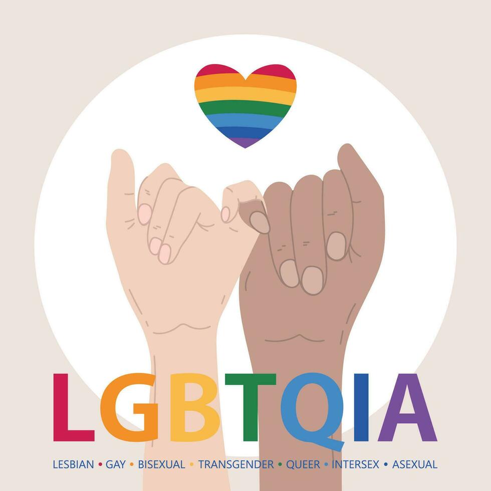 Unity banner for the LGBT month parade. Hands of Friendship. LGBTQIA Typography with LGBT Gay Pride Flag Colours. Lesbian Gay Bisexual Transgender Queer Intersex Asexual vector