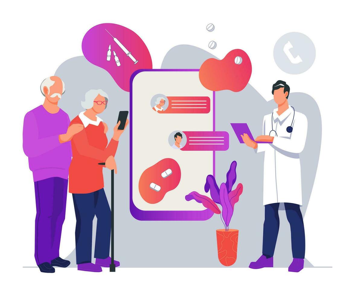 Elderly people online medical support banner with a doctor consulting an older couple remotely. Online medical services and medical consultation for the elderly, flat vector illustration isolated.