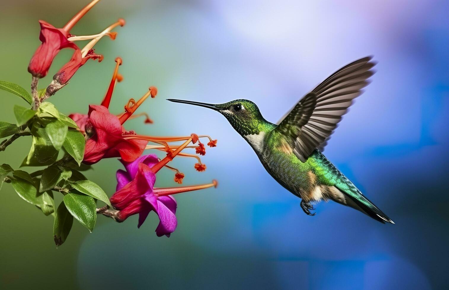 AI generated Hummingbird bird flying next to a beautiful red flower with rain. AI Generated photo