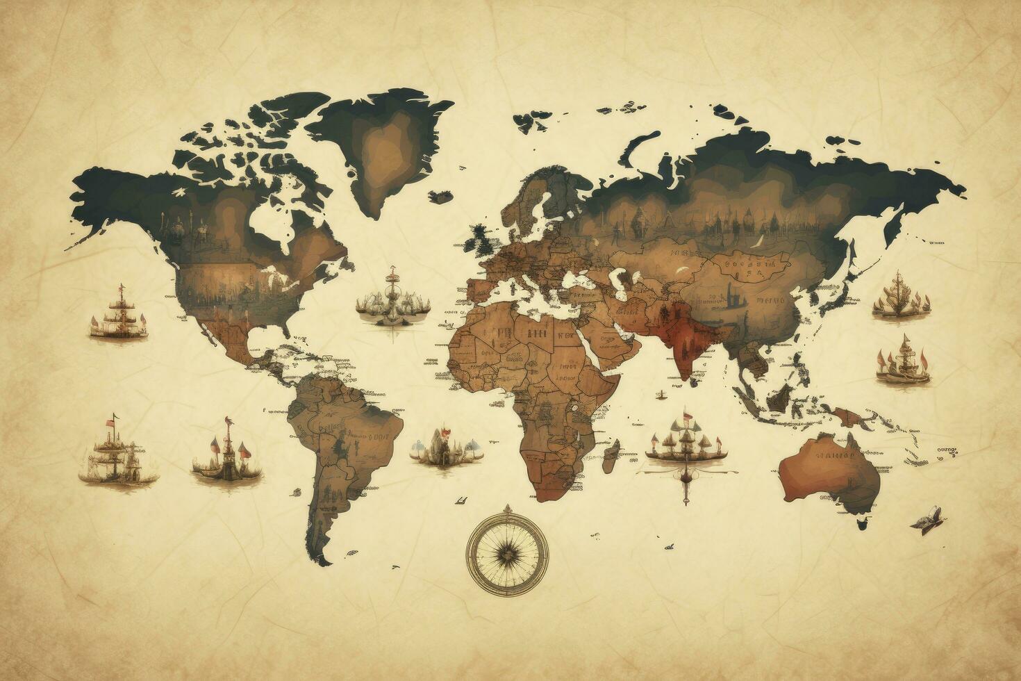 AI generated Great detailed illustration of the world map in vintage style. AI Generated photo