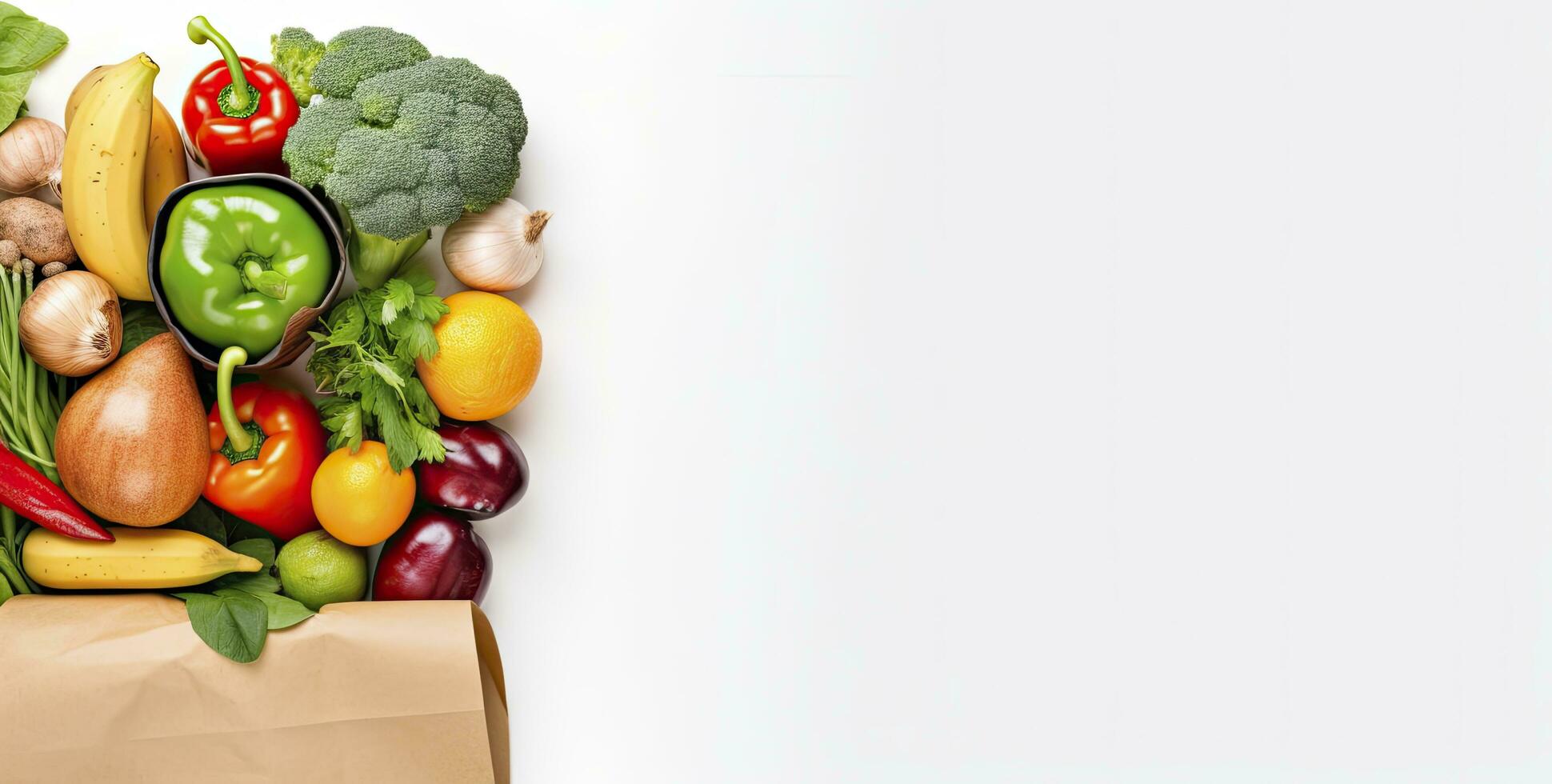 AI generated Healthy food in paper bag vegetables and fruits on white background. AI Generated photo