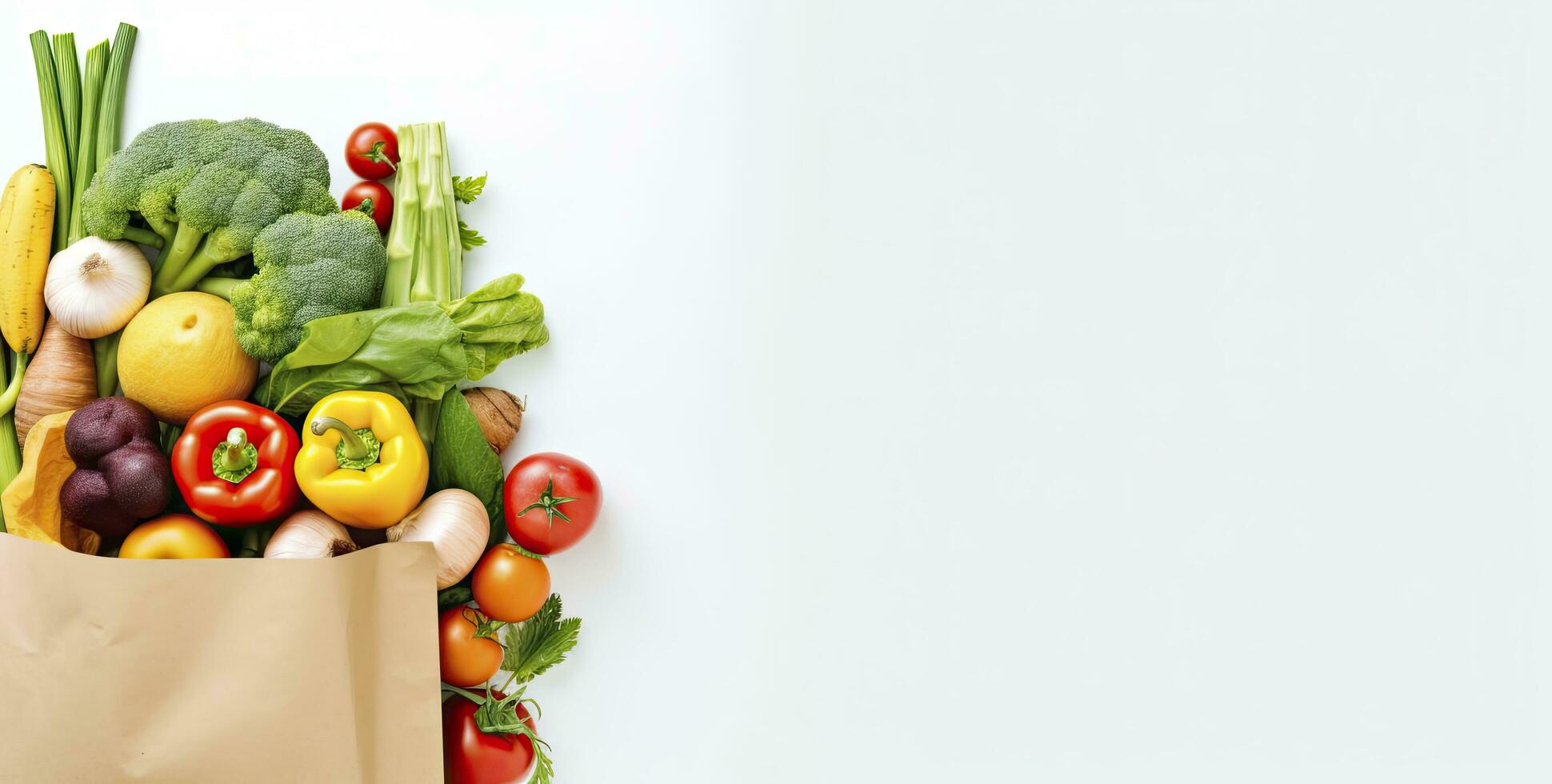 AI generated Healthy food in paper bag vegetables and fruits on white background. AI Generated photo