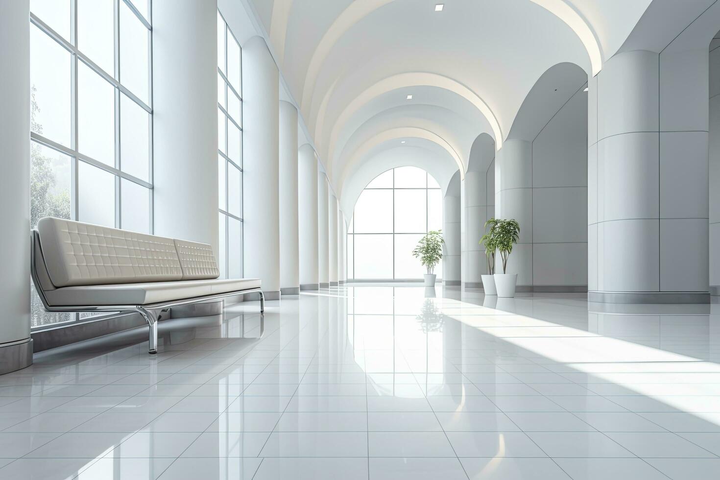 AI generated Interior design of a modern luxurious white building corridor or hallway with waiting seat. AI Generated photo