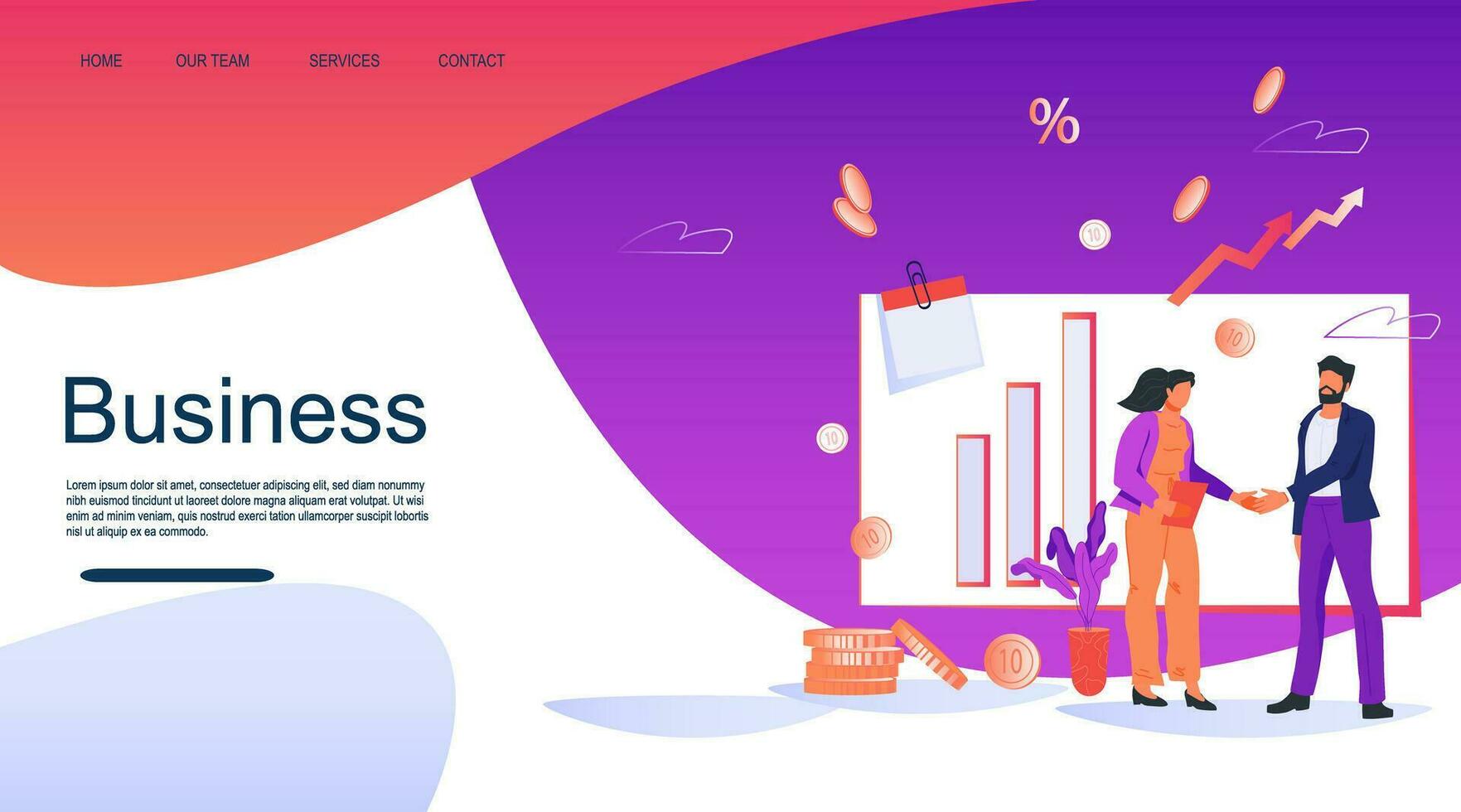 Website interface of business concept in agreements, handshake and corporation. Signing contract and partnership negotiations with business people , flat vector illustration.