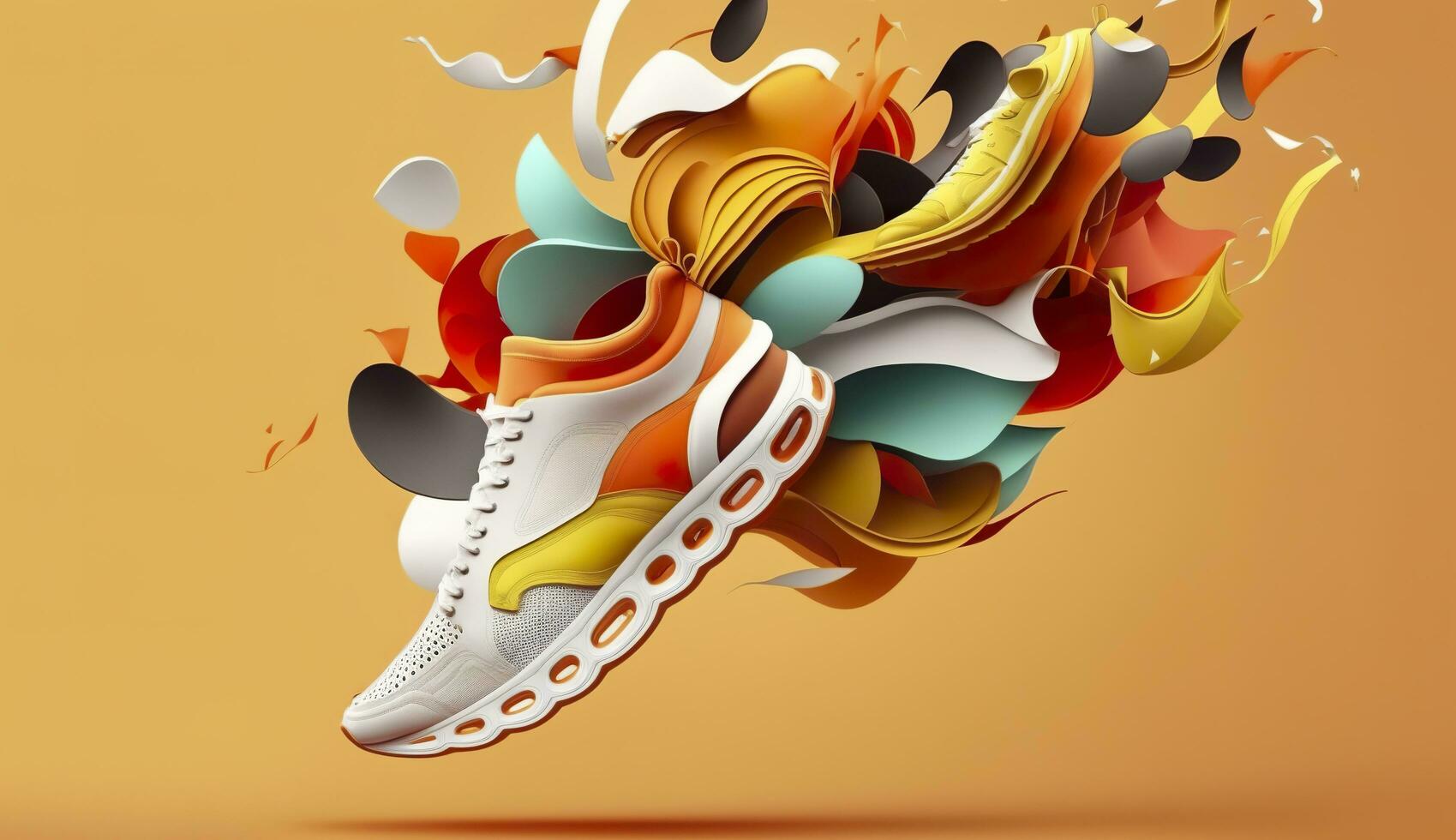 AI generated Flying trendy sneakers on creative colorful background, Stylish fashionable concept. AI Generated photo