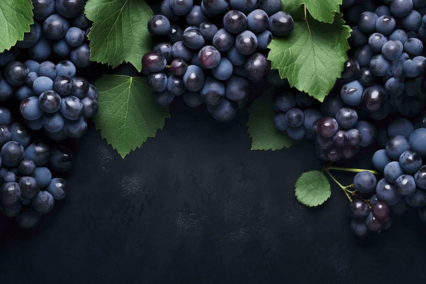 AI generated Flat lay background of vines, lots of organic blue dark grapes. AI Generated photo