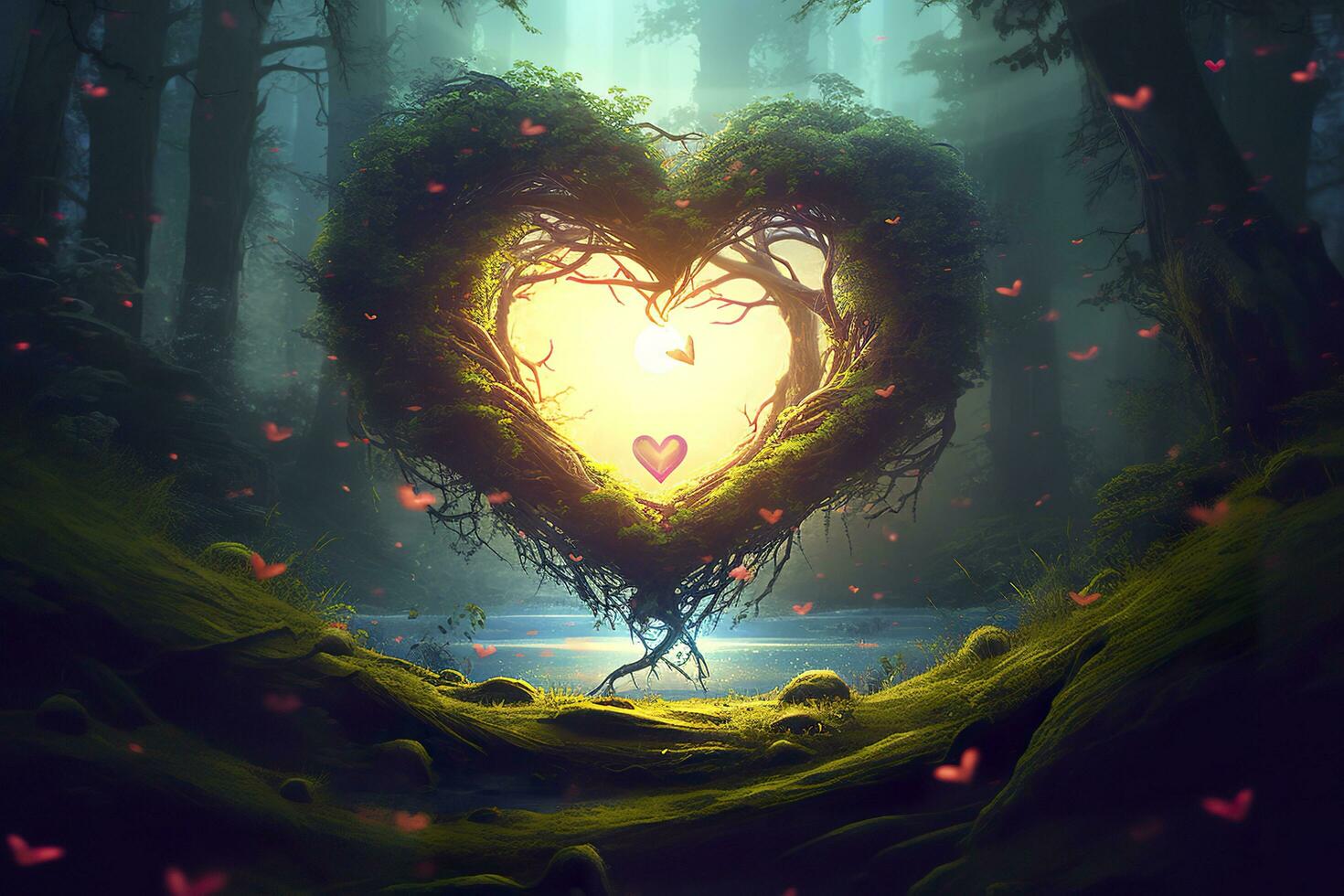 AI generated Colorful fantasy heart, light beam, green forest field. Generative AI photo