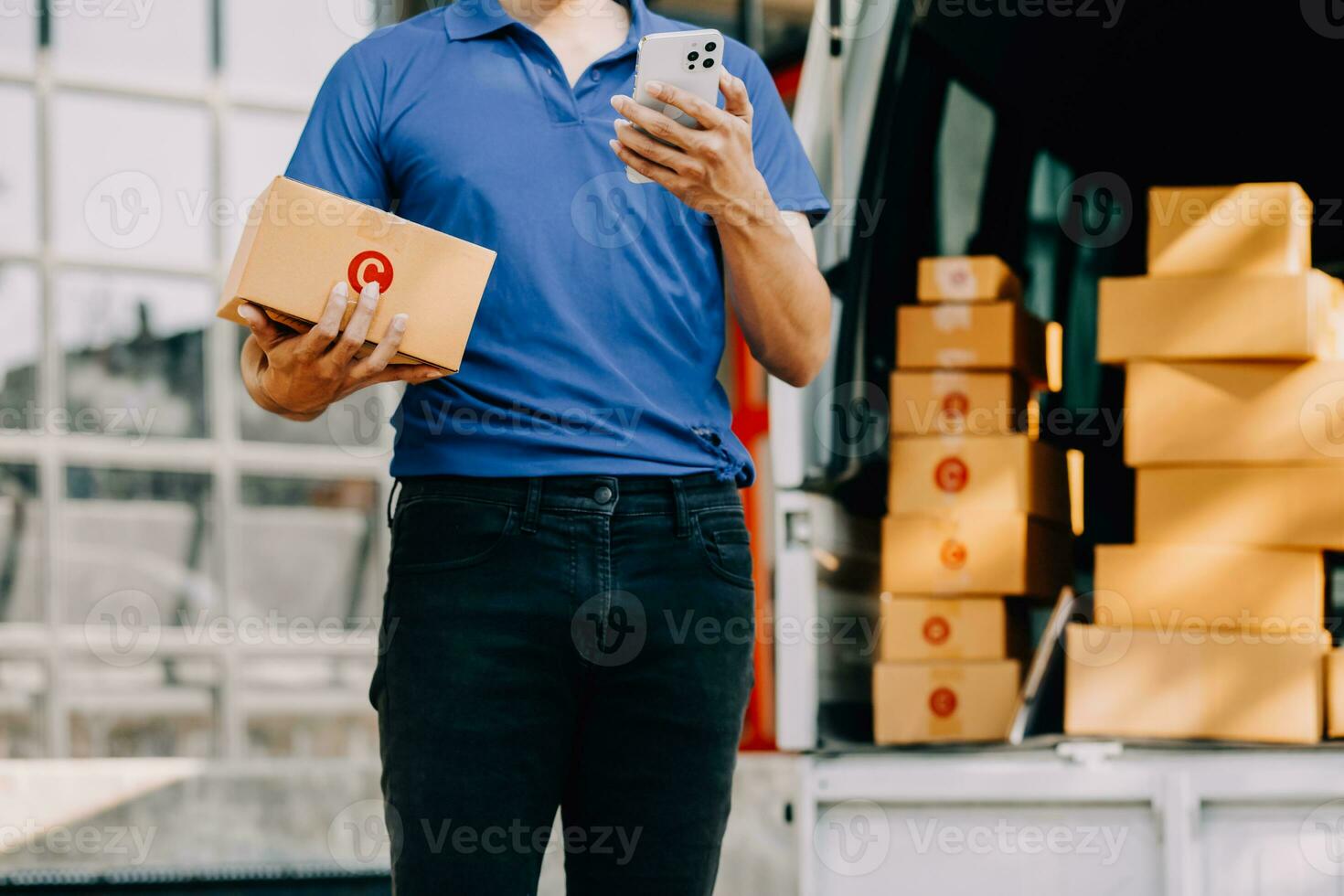 SME entrepreneur Small business entrepreneurs Online selling ideas,Happy Young Asian business owner work on computer and a boxs at home,delivery SME procurement package box deliver to customers, photo