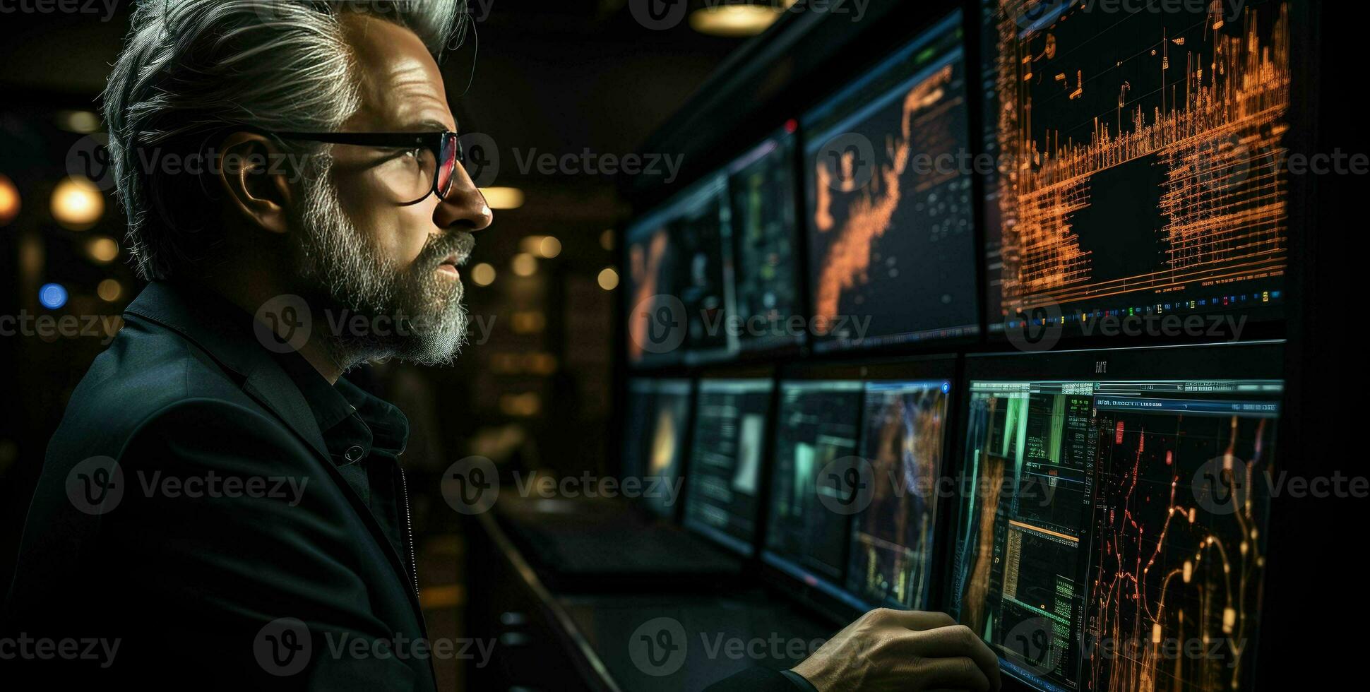 AI generated Finance trade manager analysing stock market indicators for best investment strategy, financial data and charts with business buildings in background photo