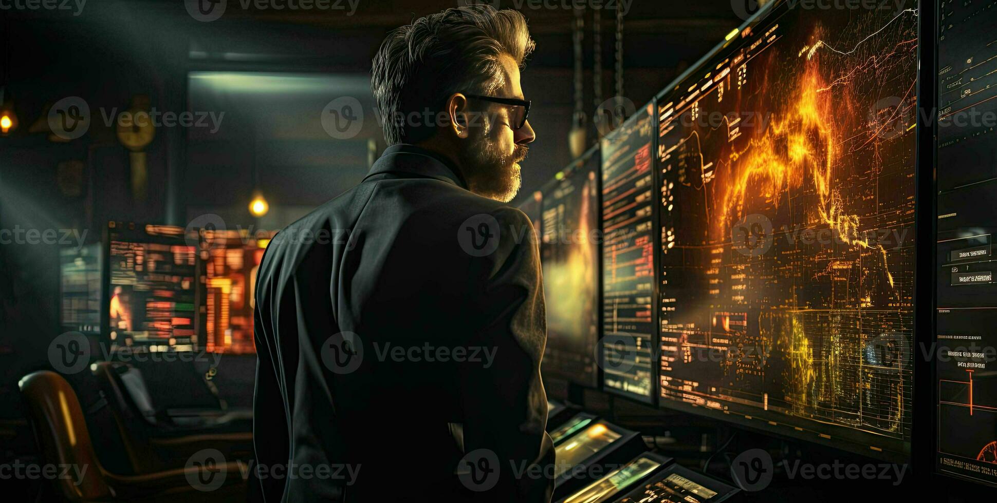 AI generated Finance trade manager analysing stock market indicators for best investment strategy, financial data and charts with business buildings in background photo