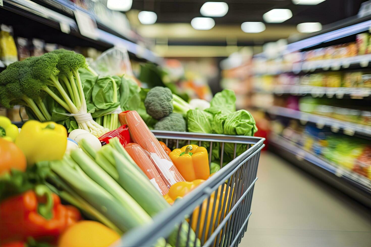 AI generated Close up of full shopping cart in grocery store. AI Generated photo