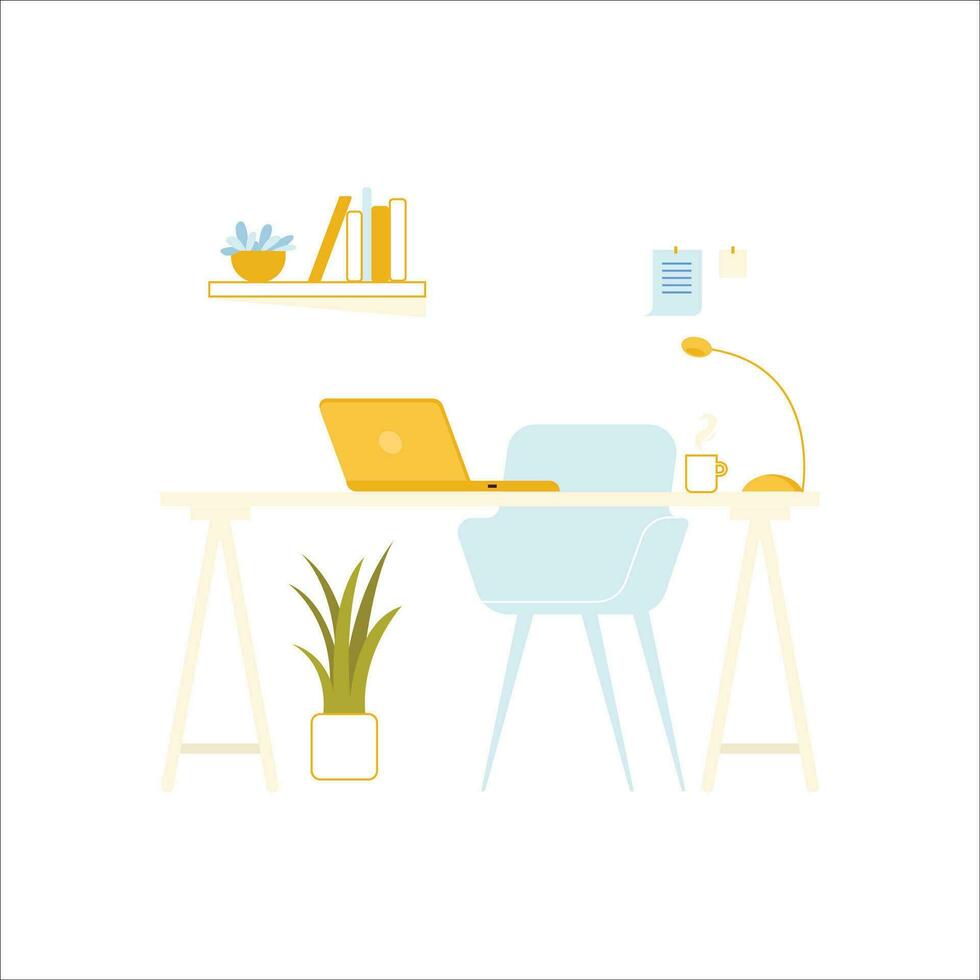 Workplace interior. Workplace with laptop, coffee cup, bookshelf, plant in pot. Flat style vector illustration.