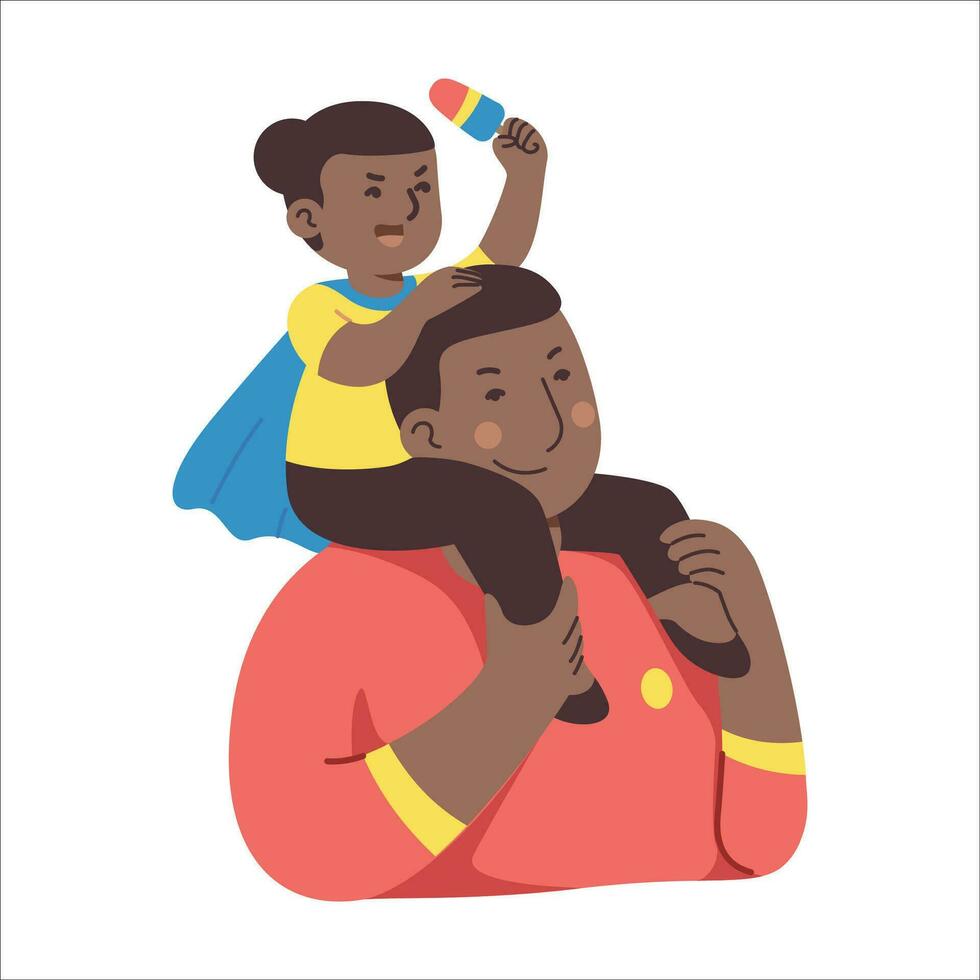 African American man sitting on his father's shoulders. Vector illustration.