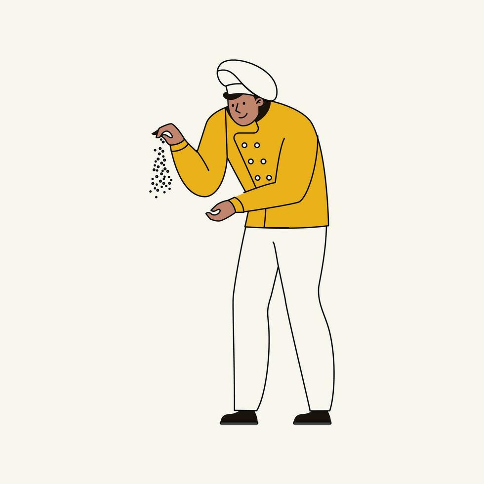 Vector illustration of chef in uniform and hat sprinkling salt. Flat style.