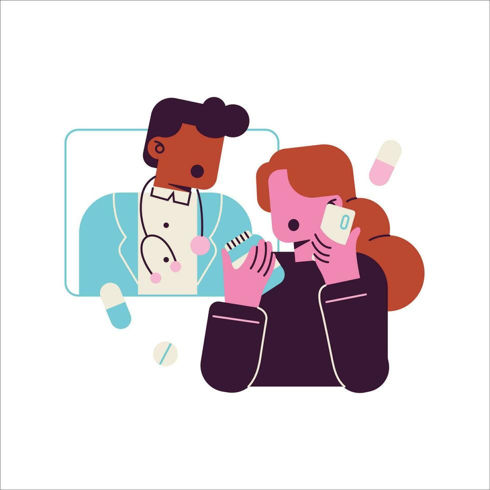 Man and woman talking by mobile phone. Vector illustration in flat style