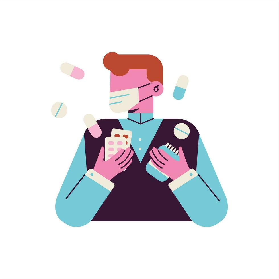 hombre con pastillas en su manos. vector ilustración en plano estilo.