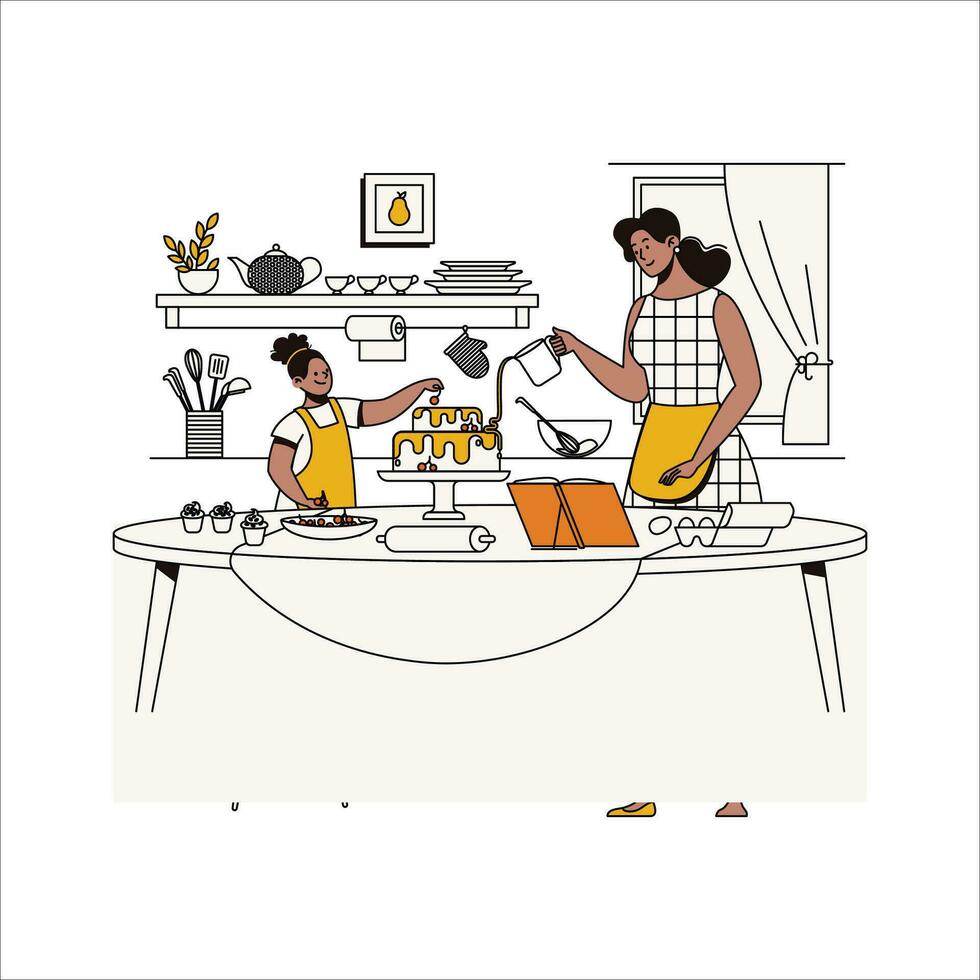 Vector illustration of a woman in the kitchen. Housewife in apron cooking, washing dishes.