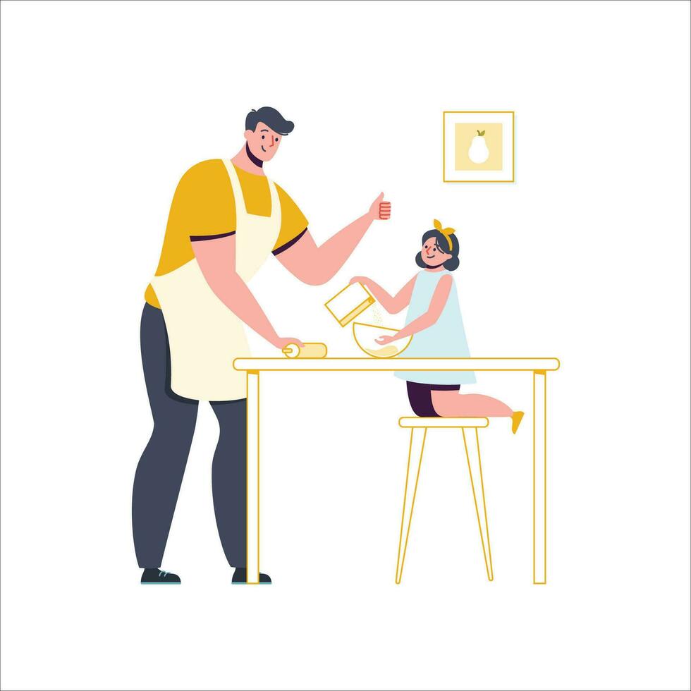 Father and daughter cooking together in the kitchen. Flat vector illustration.