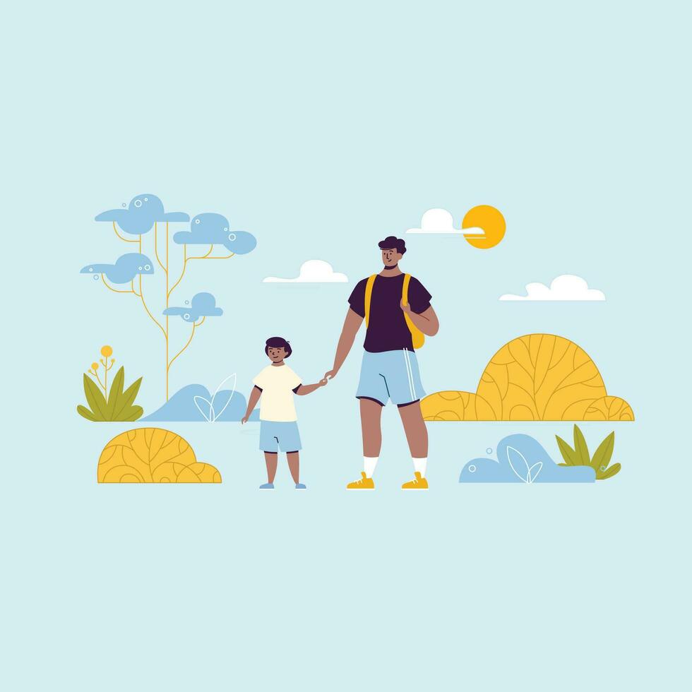 Father and son walking in the park. Flat design vector illustration.