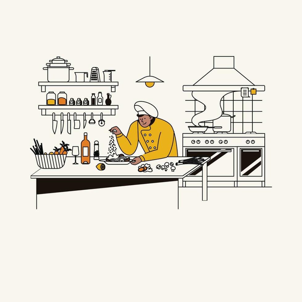 Vector illustration of a woman cooking in the kitchen. Linear style.