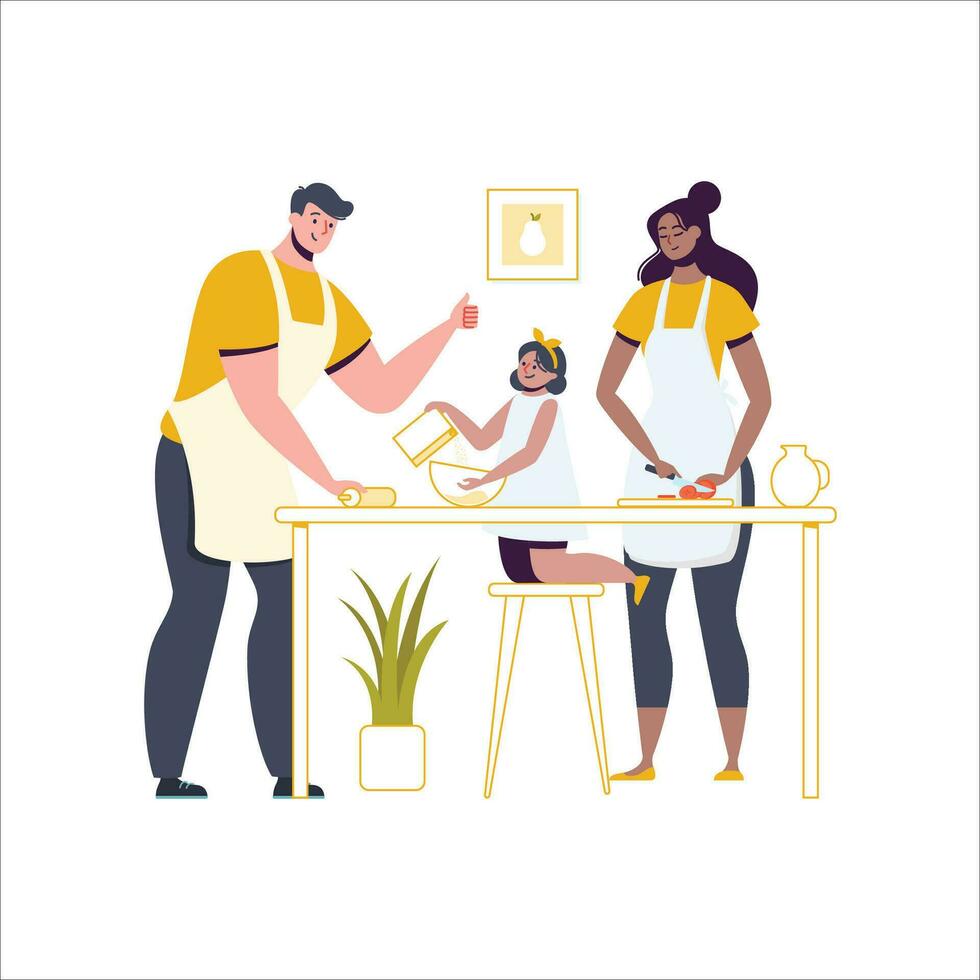 Happy pregnant woman and her husband in the kitchen. Vector illustration in flat style