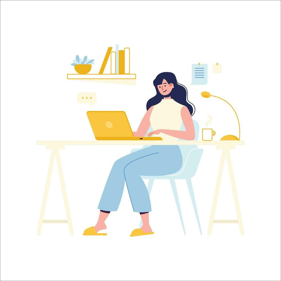 Freelance woman working at home. Freelance, remote work concept. Vector illustration in flat style